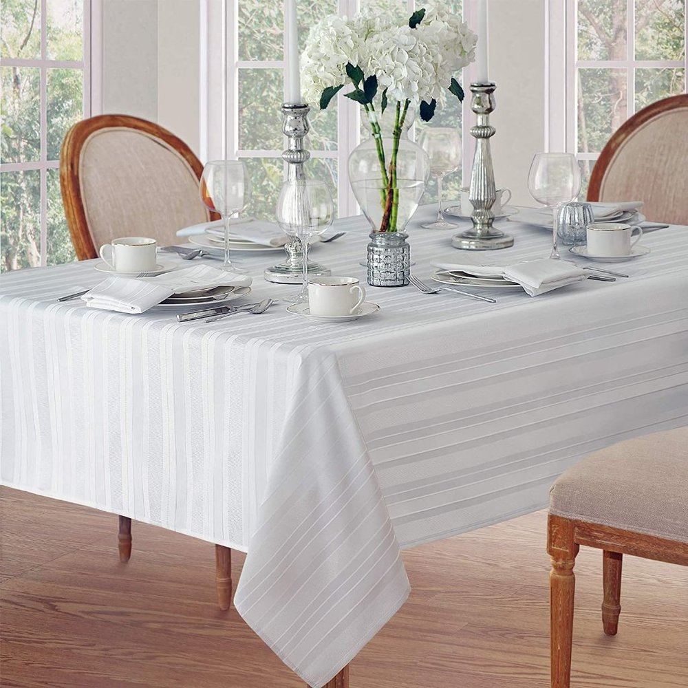 White Satin Stripe Weave No-Iron Soil Resistant Tablecloth, 60 X 84 Oblong